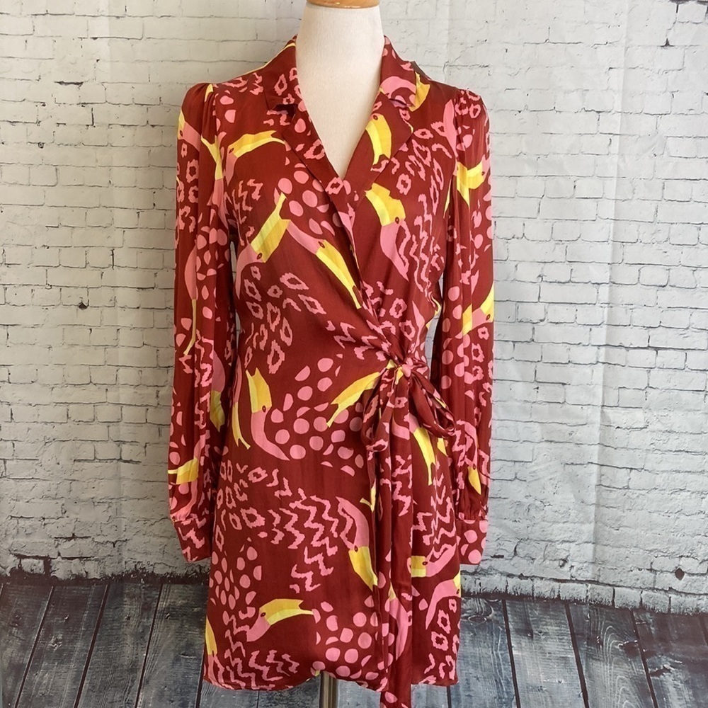 FARM RIO NWT Toucanissimo Long Sleeve Print Wrap Dress Sz Small Maximalist NEW - Picture 2 of 16